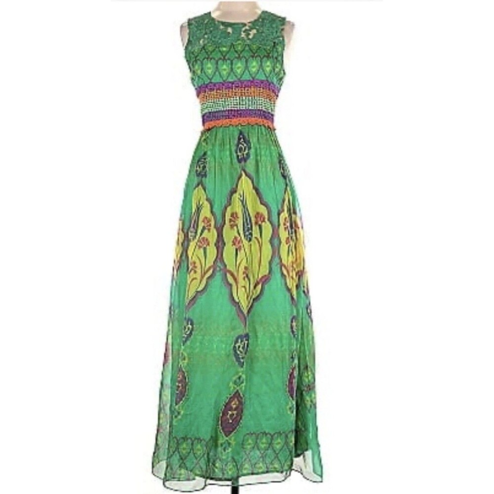 Anthropologie HEMANT & NANDITA Mintzita Maxi Dress Green 100 % Silk Boho Size 4